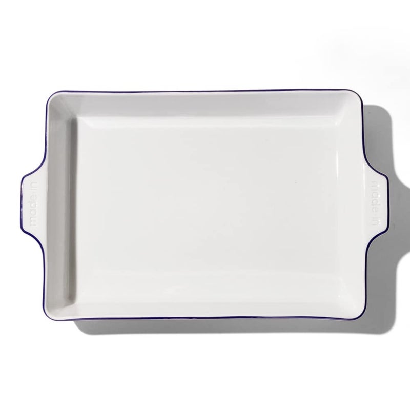 Made In Cookware  Rectangular Baking Dish  Navy Rim  Hand Crafted Porcelain  Professional Bakeware  Made in France