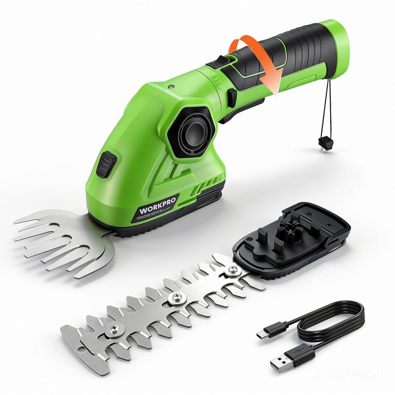 WORKPRO Cordless Grass Shear & Shrubbery Trimmer - 2 in 1 Handheld Hedge Trimmer 7.2V Electric Grass Cutter 2.0Ah Rechargeable Lithium-Ion Battery and USB Cable Included - Image 1
