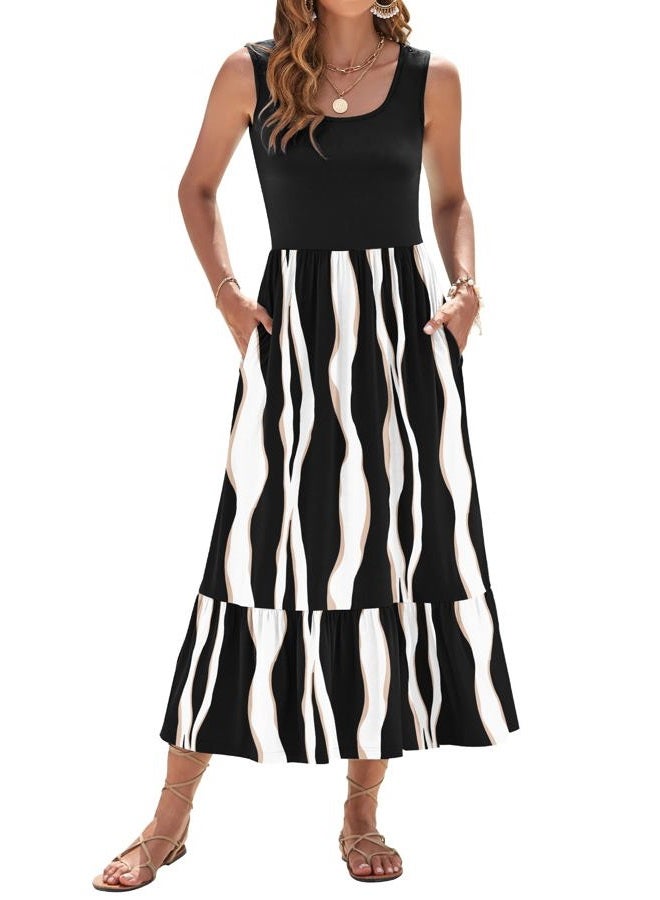 AUSELILY Womens Summer Dresses 2025 Sleeveless Maxi Dress Square Neck Casual Tiered Long Dress with Pockets, Black Irregular Strip, M - Image 2