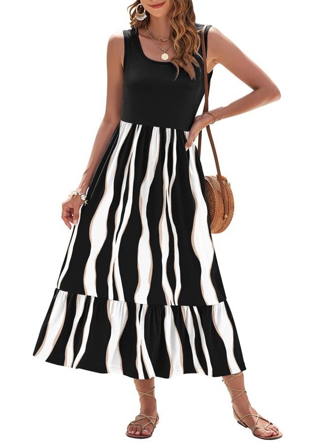 AUSELILY Womens Summer Dresses 2025 Sleeveless Maxi Dress Square Neck Casual Tiered Long Dress with Pockets, Black Irregular Strip, M - Image 1