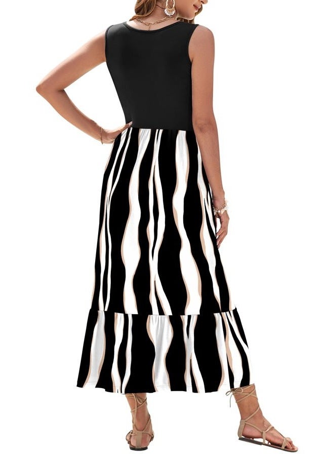AUSELILY Womens Summer Dresses 2025 Sleeveless Maxi Dress Square Neck Casual Tiered Long Dress with Pockets, Black Irregular Strip, M - Image 4