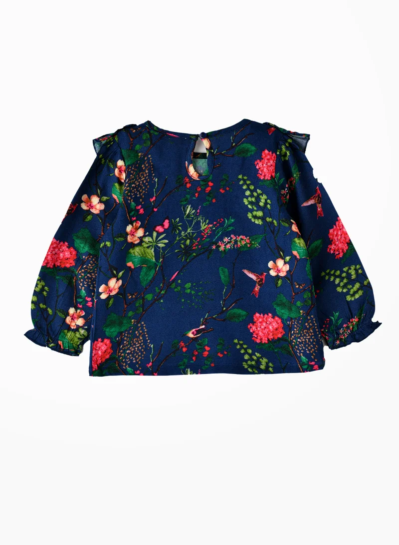 Jelliene Girls' Floral Ruffle Detail Long-Sleeve Top