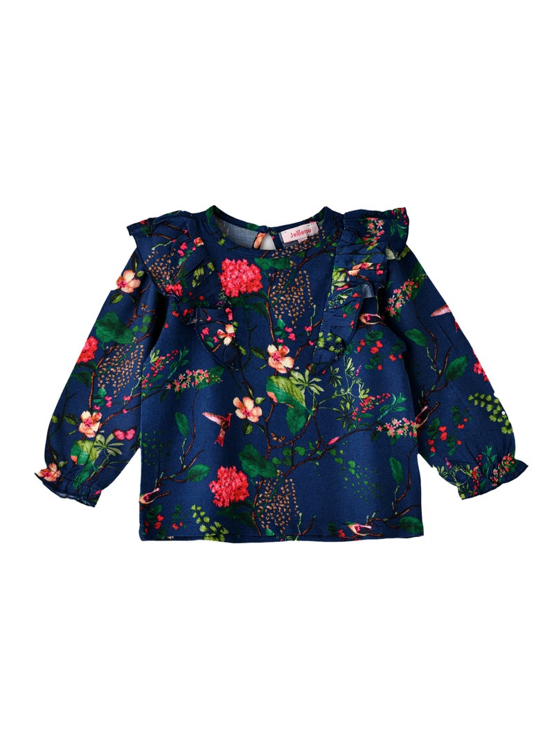 Jelliene Girls' Floral Ruffle Detail Long-Sleeve Top - Image 1