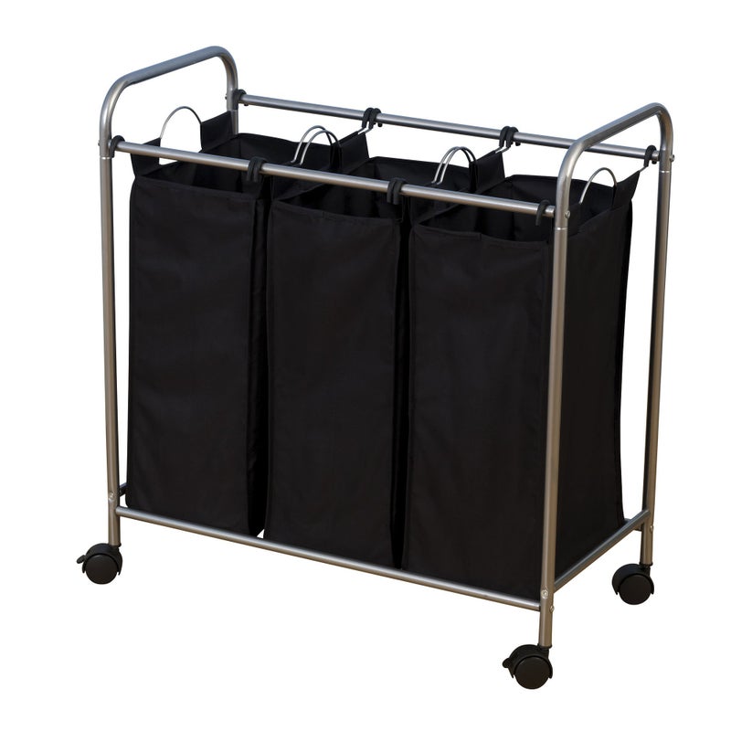 Household Essentials 7044 Triple Laundry Sorter on Wheels Black and Grey