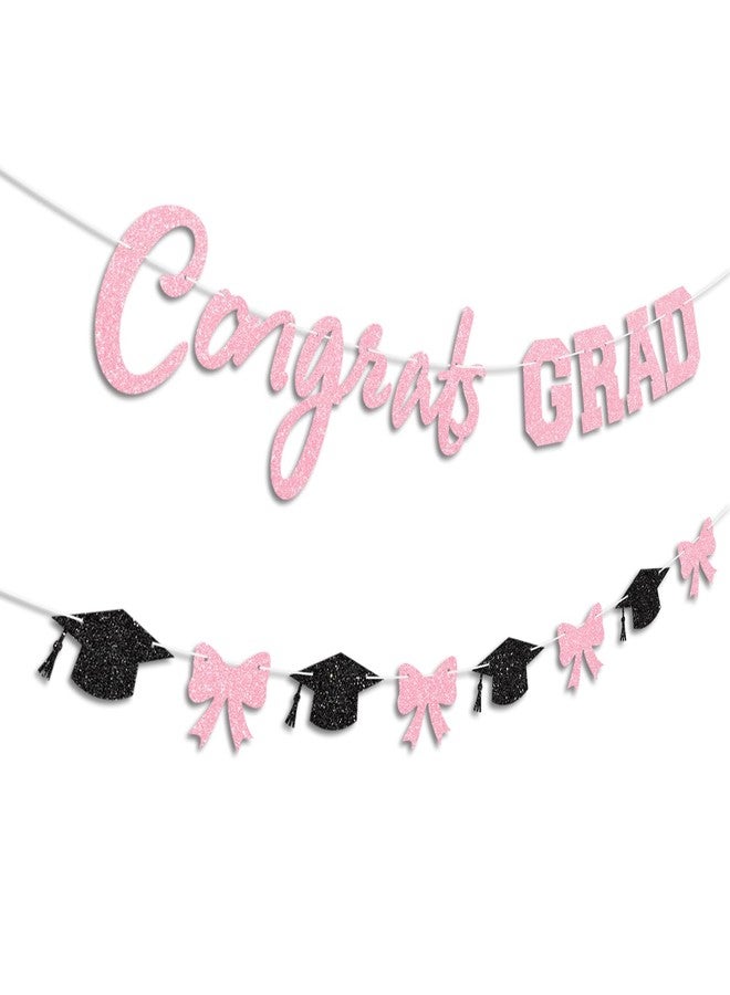 Blopee Pink Bow Congrats Grad Banner Prestrung Glitter Graduation Banner for Girl Graduation Decorations Class of 2026 Congratulations Grad Party Decorations 2026 - Image 2