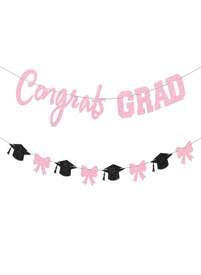 Blopee Pink Bow Congrats Grad Banner Prestrung Glitter Graduation Banner for Girl Graduation Decorations Class of 2026 Congratulations Grad Party Decorations 2026 - Image 1
