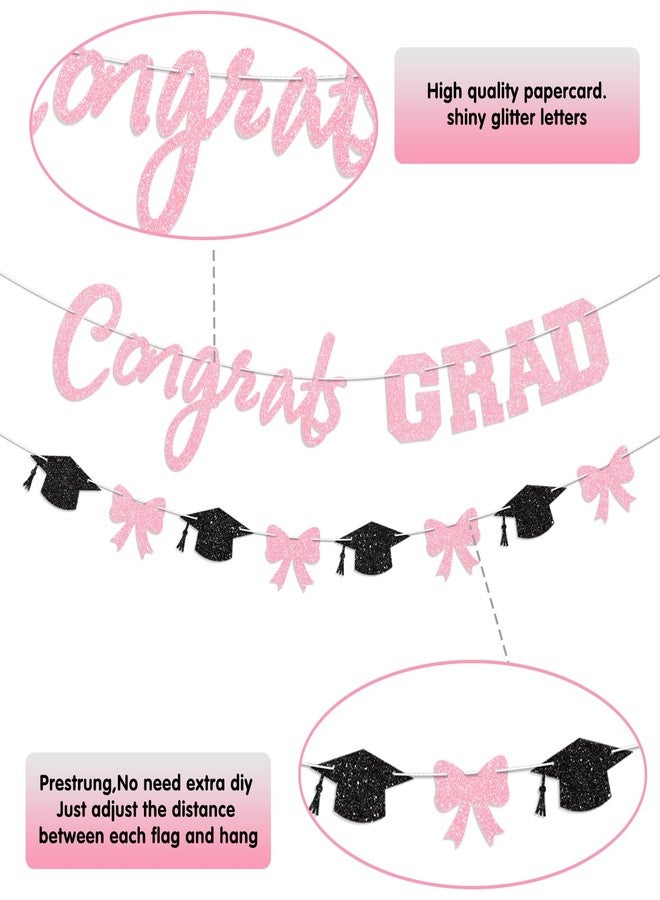 Blopee Pink Bow Congrats Grad Banner Prestrung Glitter Graduation Banner for Girl Graduation Decorations Class of 2026 Congratulations Grad Party Decorations 2026 - Image 3