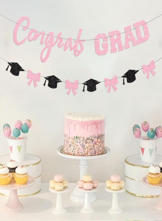 Blopee Pink Bow Congrats Grad Banner Prestrung Glitter Graduation Banner for Girl Graduation Decorations Class of 2026 Congratulations Grad Party Decorations 2026 - Image 4