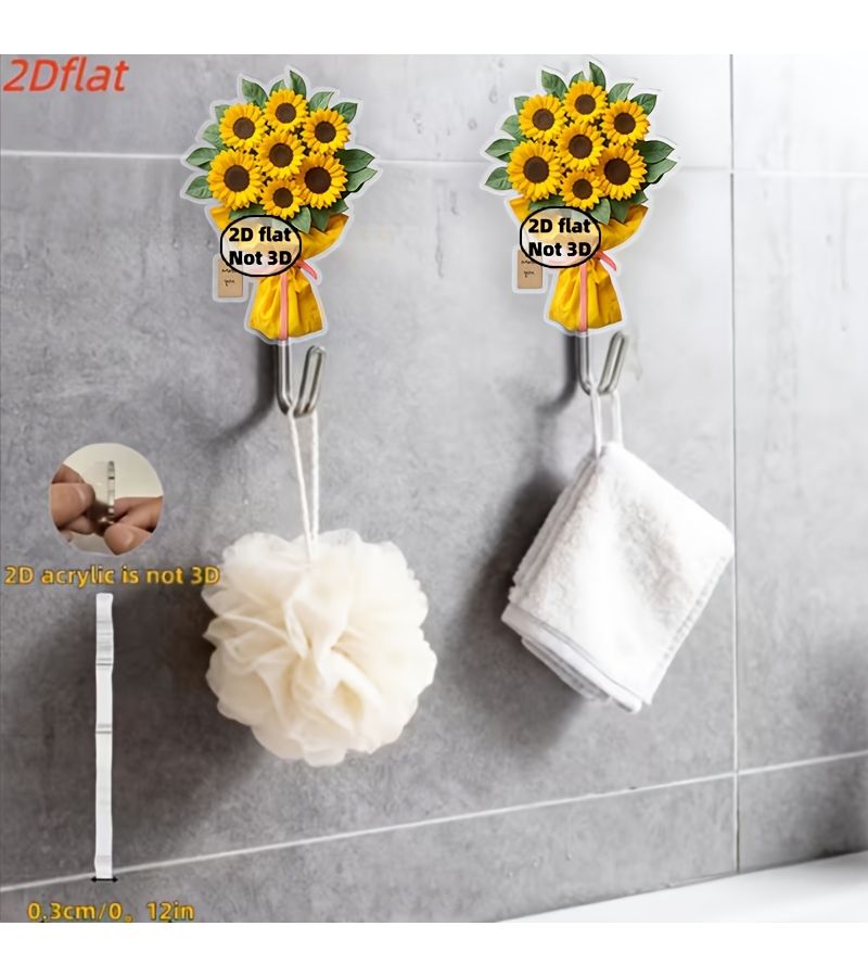 Sunflower Bouquet Decorative Wall Hook 2 Pack Self Adhesive For Kitchen Bathroom Towel - Image 2