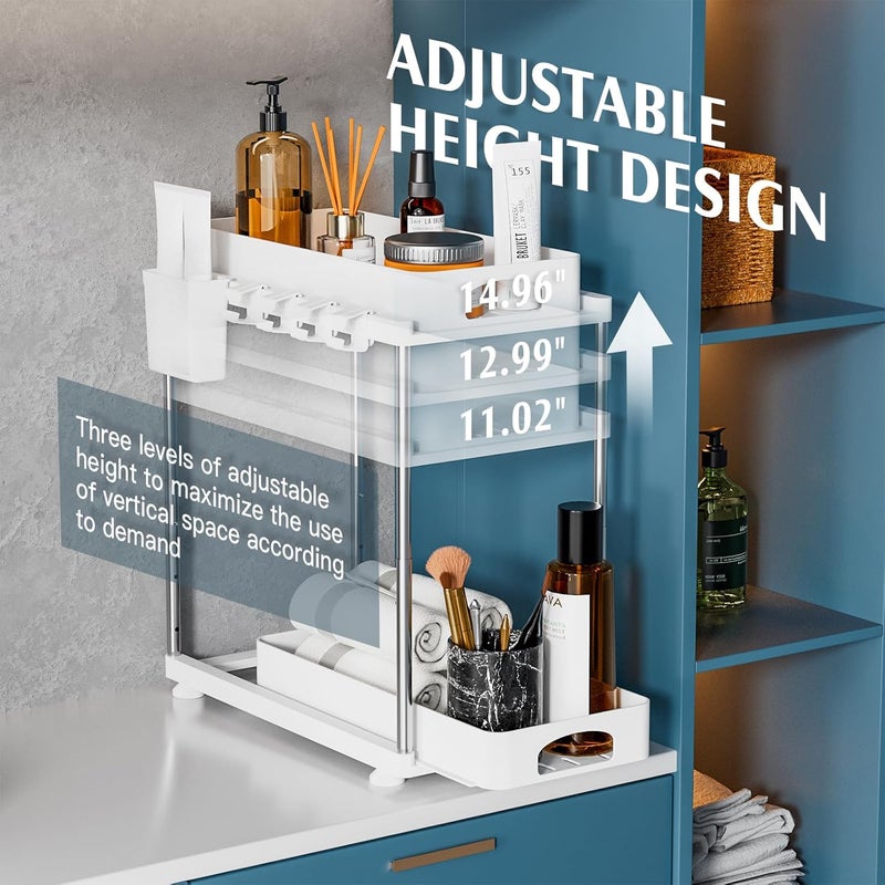 VERIFOST 2 Pack Under Sink Organizers and Storage, Double Sliding Kitchen Cabinet Organizer, 2 Tier Height Adjustable Countertop Organizer for Kitchen Bathroom Laundry, White - Image 4