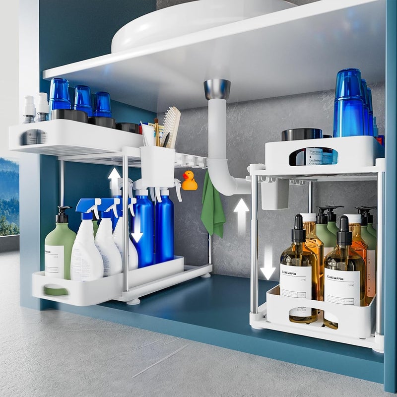 VERIFOST 2 Pack Under Sink Organizers and Storage, Double Sliding Kitchen Cabinet Organizer, 2 Tier Height Adjustable Countertop Organizer for Kitchen Bathroom Laundry, White - Image 1