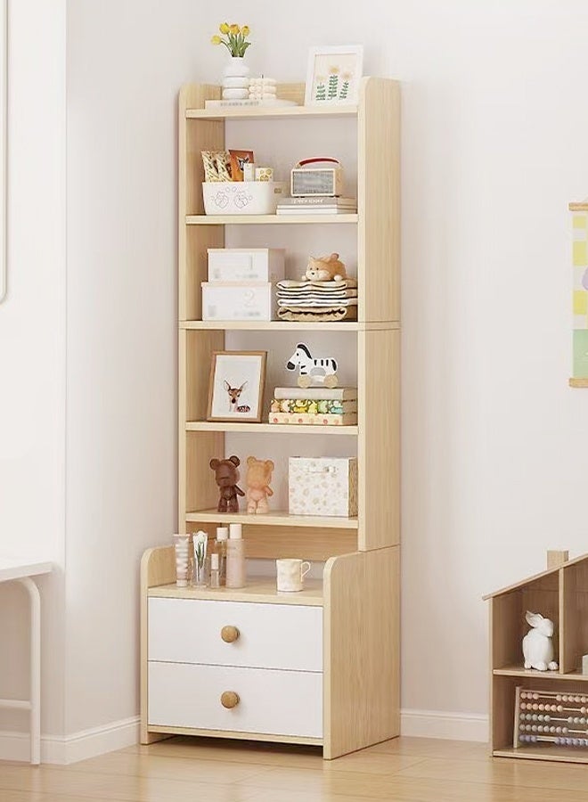 فاشون هوم خزانة كتب بتصميم عصري متعدد الأغراض من 6 طبقات وأرفف مفتوحة مع أدراج تخزين وطاولة جانبية طويلة وطاولة جانبية خشبية لغرفة النوم وطاولة جانبية مع رف تخزين من جذوع الأشجار 40 × 30 × 160 سم - Image 2