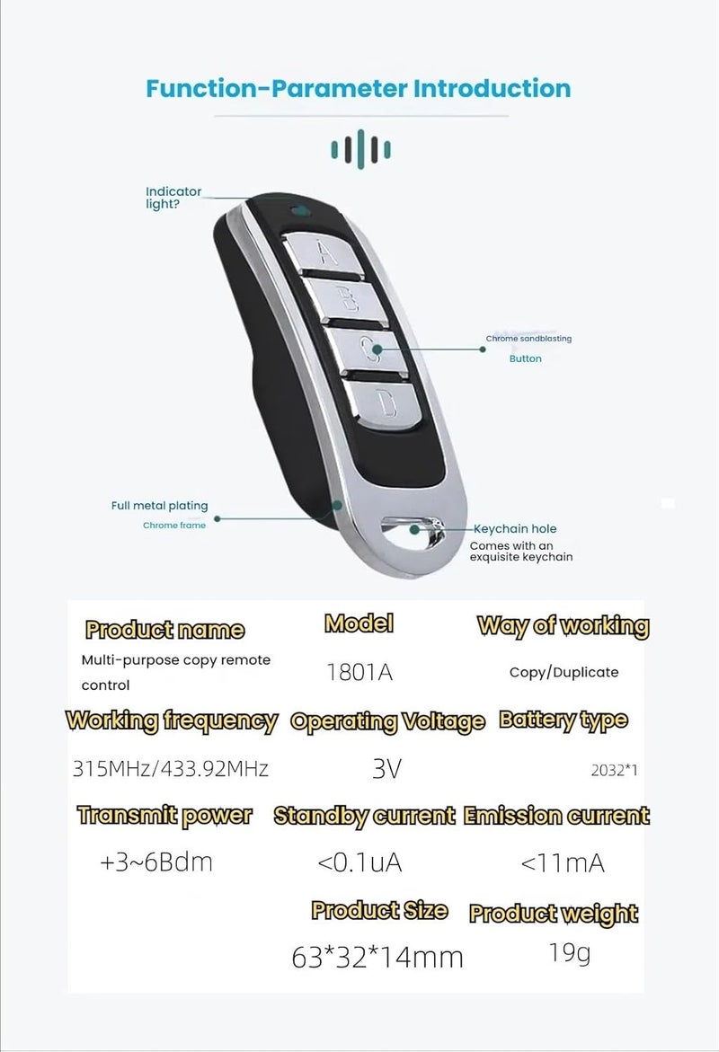 Garage Door Remote, Universal Garage Remote Electronic Gate Control 433MHz Key Fob Command Hand Transmitter Wireless(1pc-Black) - Image 2