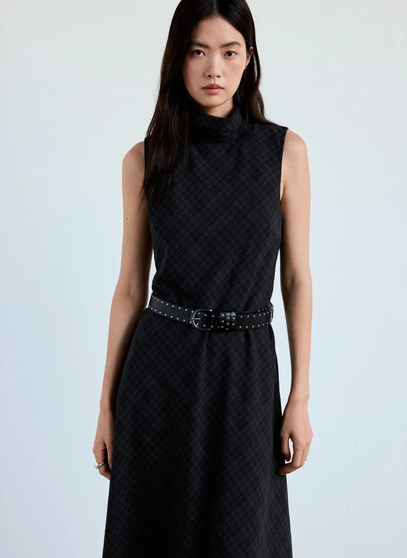 Mango 92-GRIS Check Belt Dress for Women | Best Price UAE