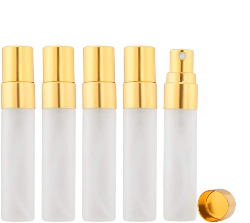 Enslz 10pcs Fine Mist 5ml Atomizer Clear Frosted Glass Bottle Vial Spray Refillable Liquid Fragrance Perfume Empty Scent Bottle for Travel Makeup Party (Gold)
