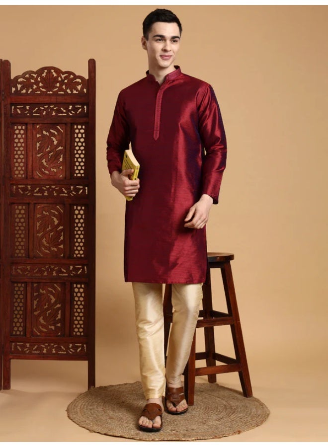 Devoiler Mens Maroon Self Design Jacquard Silk Kurta Set - Image 1