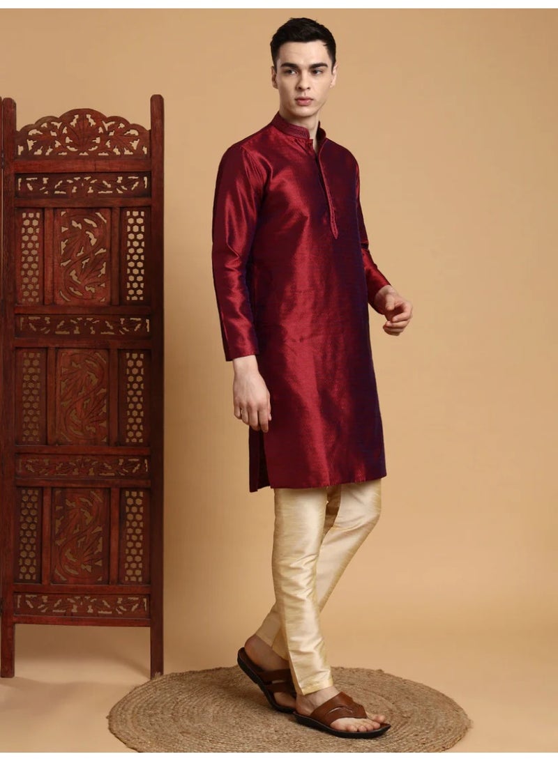Devoiler Mens Maroon Self Design Jacquard Silk Kurta Set - Image 2