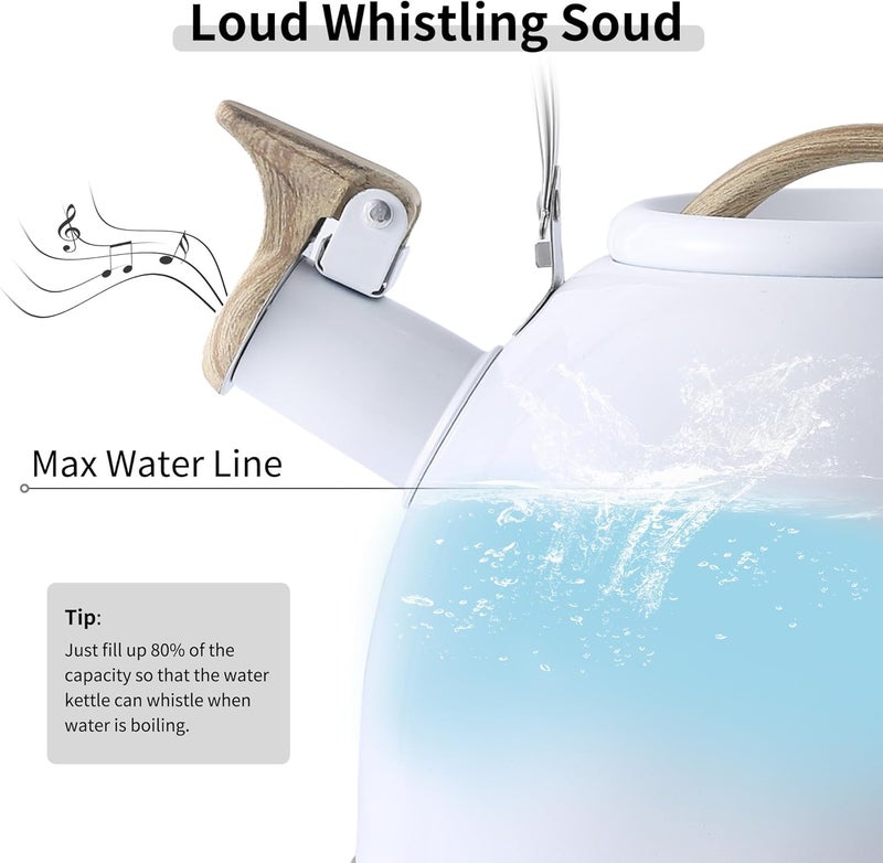 Lonffery Tea Kettle for Stove Top, 3.2 Quart Whistling Tea Kettle, Food Grade Stainless Steel and Wood Pattern Folding Handle, White - Image 2