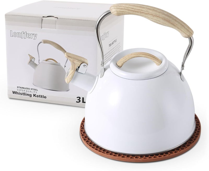 Lonffery Tea Kettle for Stove Top, 3.2 Quart Whistling Tea Kettle, Food Grade Stainless Steel and Wood Pattern Folding Handle, White - Image 1