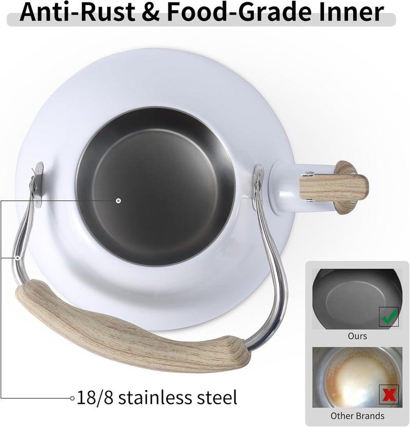 Lonffery Tea Kettle for Stove Top, 3.2 Quart Whistling Tea Kettle, Food Grade Stainless Steel and Wood Pattern Folding Handle, White - Image 4