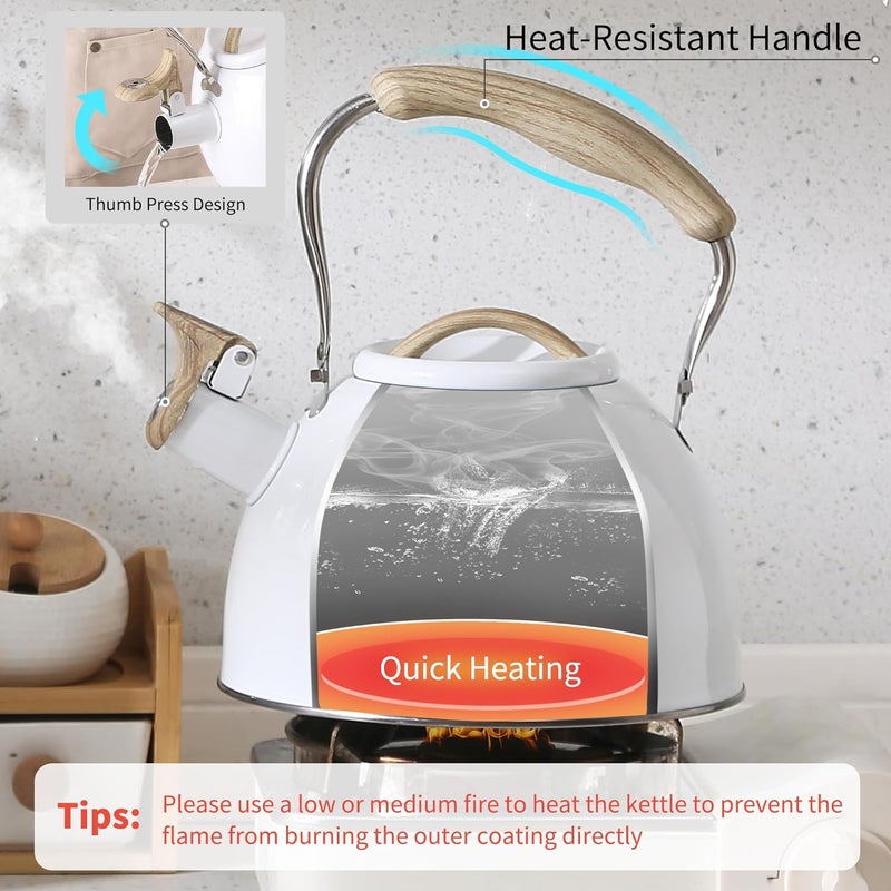 Lonffery Tea Kettle for Stove Top, 3.2 Quart Whistling Tea Kettle, Food Grade Stainless Steel and Wood Pattern Folding Handle, White - Image 3
