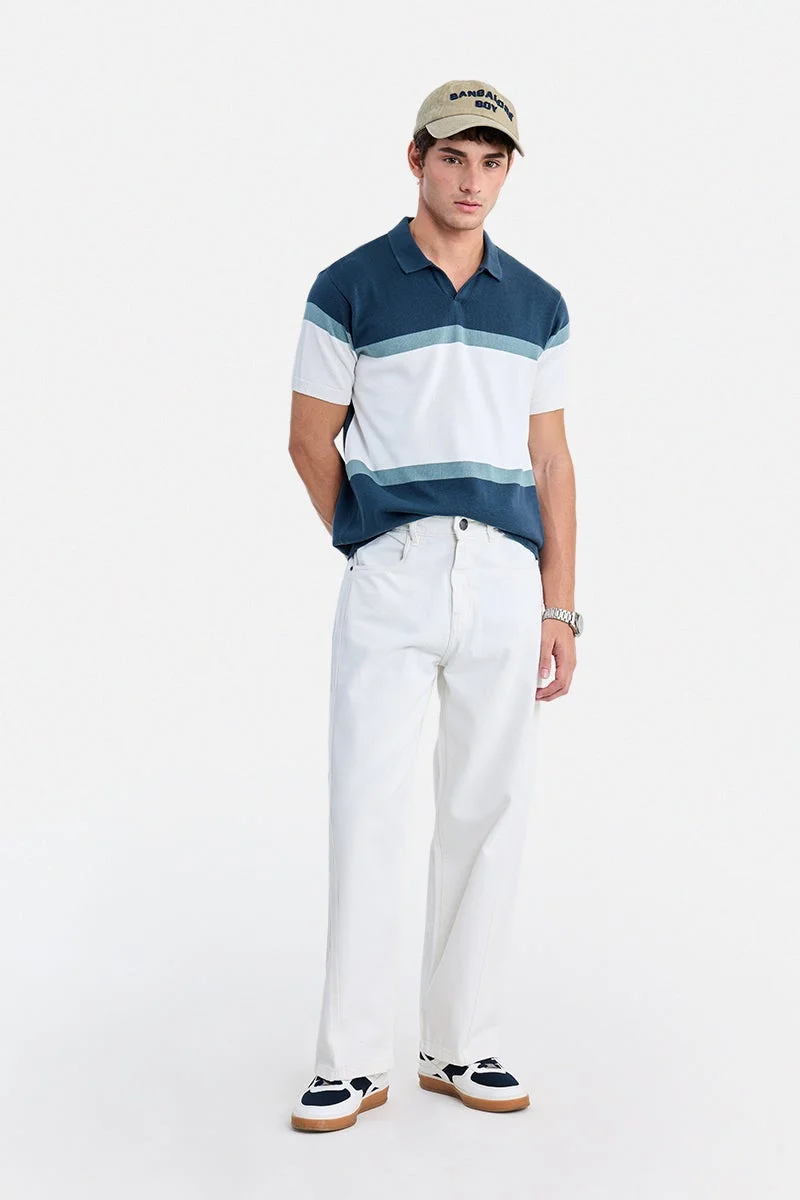 سنيتش Navy Blue Striped Half Sleeve Regular Fit T-Shirt