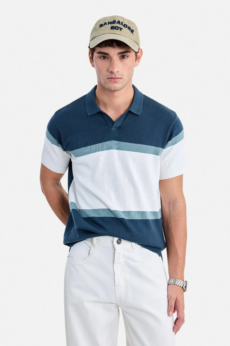 سنيتش Navy Blue Striped Half Sleeve Regular Fit T-Shirt