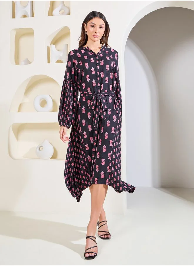 Styli Floral Print Shirt Midi Dress with Waist Tie Up