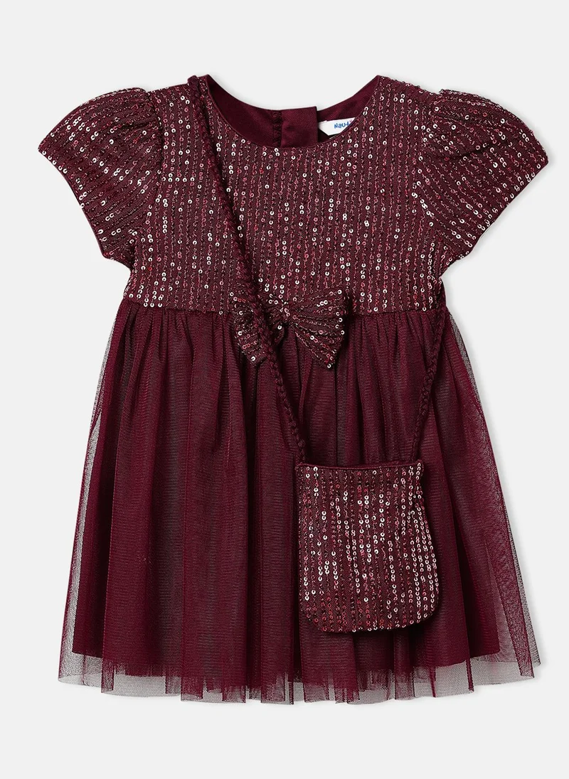 Nautinati Nautinati Girls' Sequin Mesh Knee Length Party Frock with Sling Bag