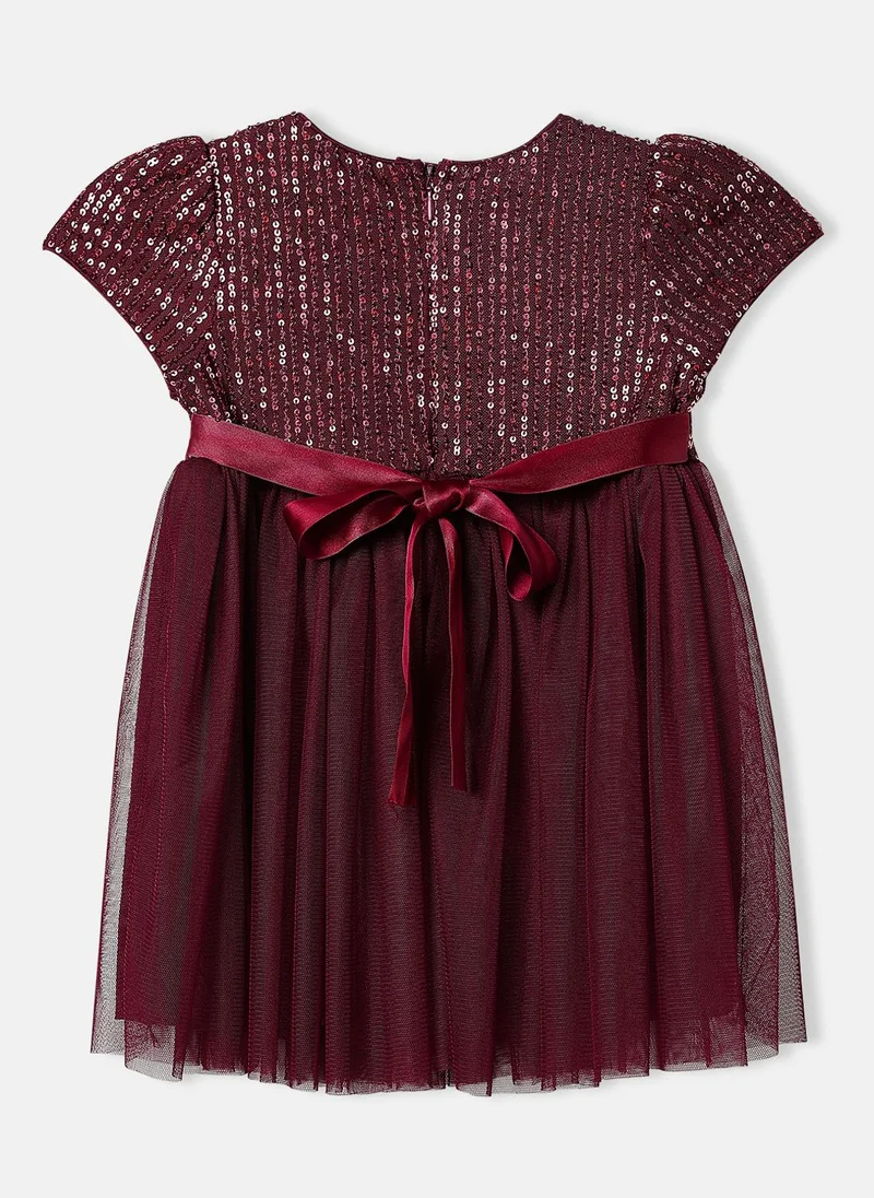 Nautinati Nautinati Girls' Sequin Mesh Knee Length Party Frock with Sling Bag