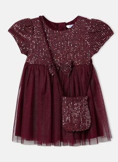 Nautinati Nautinati Girls' Sequin Mesh Knee Length Party Frock with Sling Bag  - Image 1
