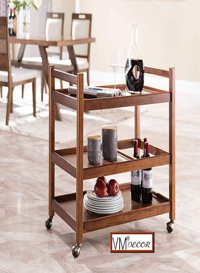 Vm Decor 3-Tier Solid Wood Rolling Bar Cart - Wine Serving Trolley with Wheels, Utility & Kitchen Storage, Seasoning Rack (Brown Polish, Style 4) - Image 2