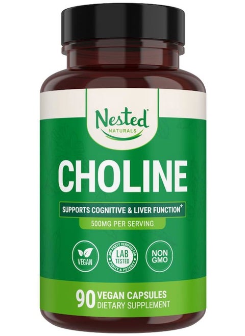 Choline Bitartrate 500mg - High Potency Choline Supplements - Supports Cognitive Performance & Liver Function - 100% Vegan & Non-GMO Choline - 90 Vegan Capsules