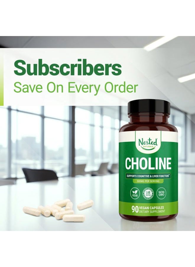 Nested Naturals - Choline Bitartrate 500mg - High Potency Choline Supplements - Supports Cognitive Performance & Liver Function - 100% Vegan & Non-GMO Choline - 90 Vegan Capsules - Image 1