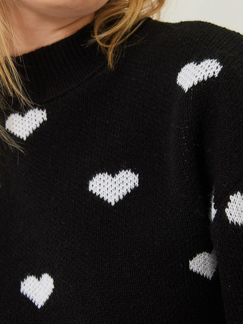 Bianco Lucci Multicolor LUCCI Heart Pattern Crew Neck Relaxed Fit Sweater for Women | Best Price UAE