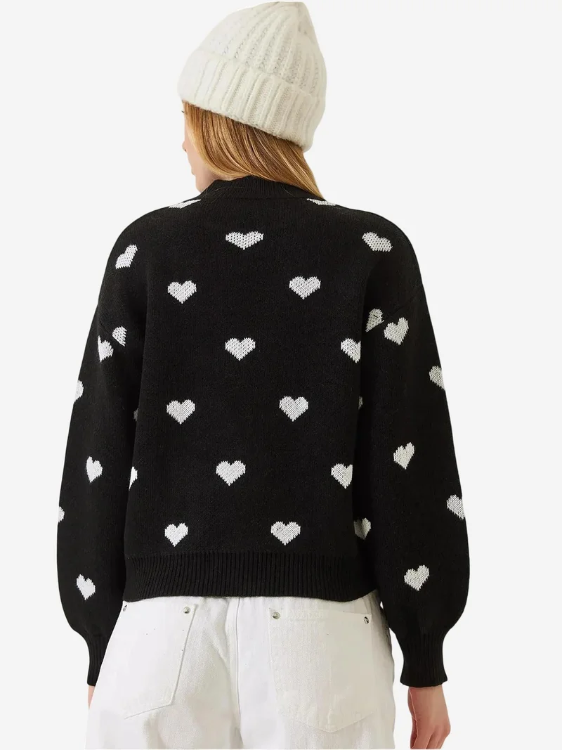 Bianco Lucci Multicolor LUCCI Heart Pattern Crew Neck Relaxed Fit Sweater for Women | Best Price UAE