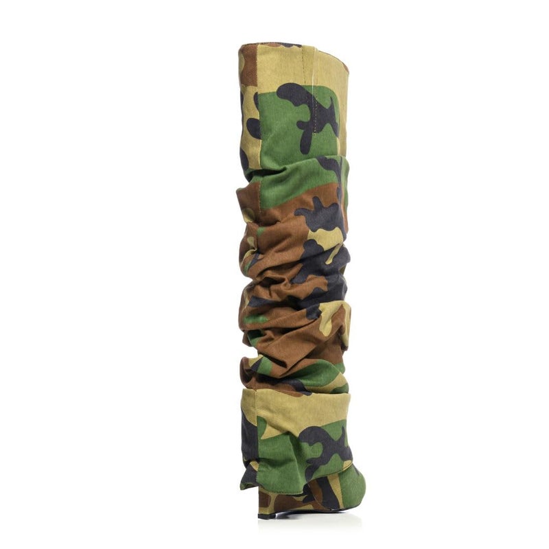 Arqa Fold Over Camo Boots for Women Slouchy Ruched Covered Wedge Heel Knee High Boots Wide Calf Pull on Pointed Toe Tall Booties Size 8 - Image 4
