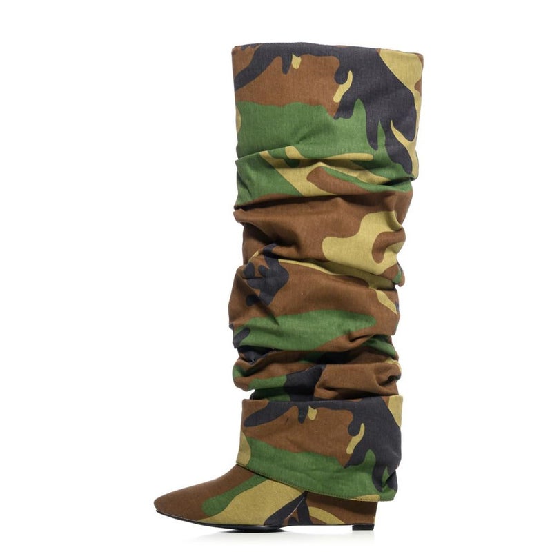 Arqa Fold Over Camo Boots for Women Slouchy Ruched Covered Wedge Heel Knee High Boots Wide Calf Pull on Pointed Toe Tall Booties Size 8 - Image 1