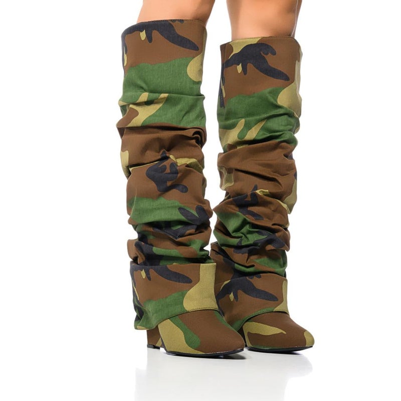 Arqa Fold Over Camo Boots for Women Slouchy Ruched Covered Wedge Heel Knee High Boots Wide Calf Pull on Pointed Toe Tall Booties Size 8 - Image 2
