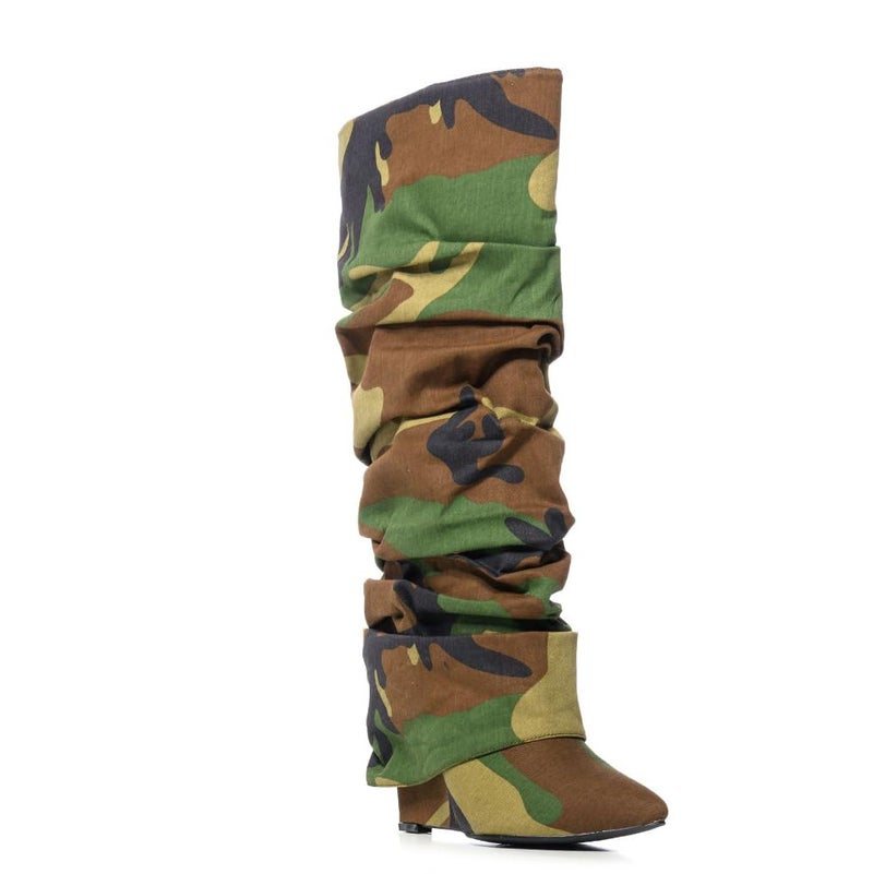 Arqa Fold Over Camo Boots for Women Slouchy Ruched Covered Wedge Heel Knee High Boots Wide Calf Pull on Pointed Toe Tall Booties Size 8 - Image 3