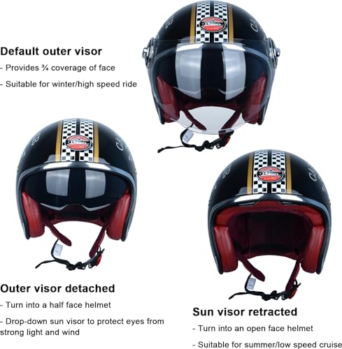 BEON Open Face Motorcycle Helmet for Adults, DOT Approved,Moped 3/4 Half Vespa Vintage Helmet with Dual Visors for Men and Women - Image 4