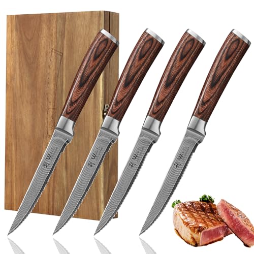 Wakoli EDIB 4-Piece Damascus Steak Knife Set – Professional Dining Kitchen Knives with VG10 Core Blades, 67-Layer Damascus Steel & Ergonomic Pakkawood Handles – Premium Steak Cutlery in Gift Box - Image 1