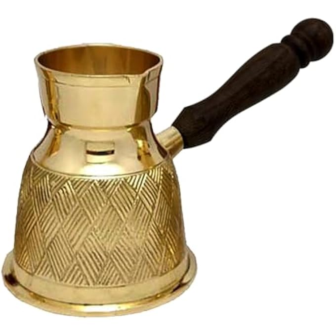 rayihni Majestic Brass Turkish Coffee Pot Textured Design Golden Color  Handcrafted With Wooden Handle Perfect For Turkish Coffee Arabic Coffee Tea Milk And Hot Beverages 280Ml - Image 1
