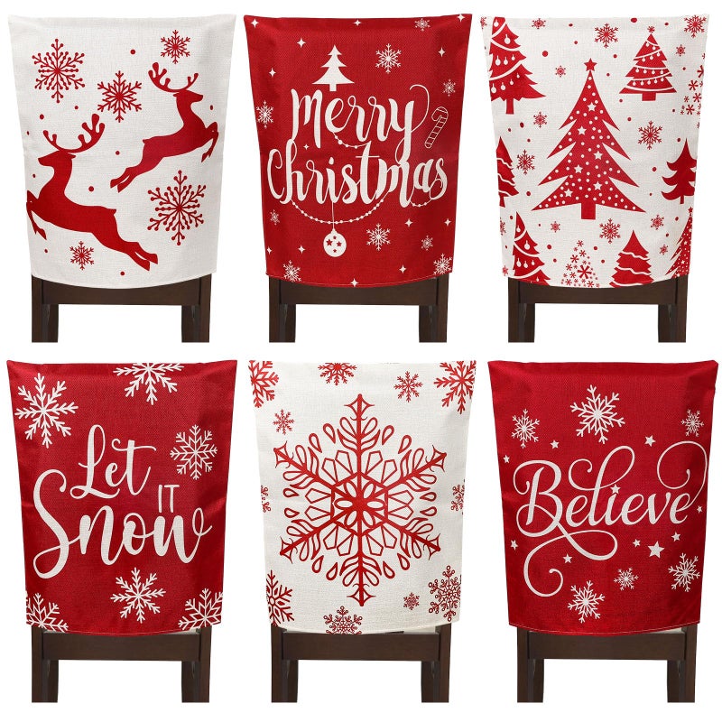 Whaline 6Pcs Christmas Chair Covers Classic Red Chair Back Covers Winter Xmas Tree Snowflake Elk Dining Room Seat Covers Washable Chair Slipcovers for Home Kitchen Hotel