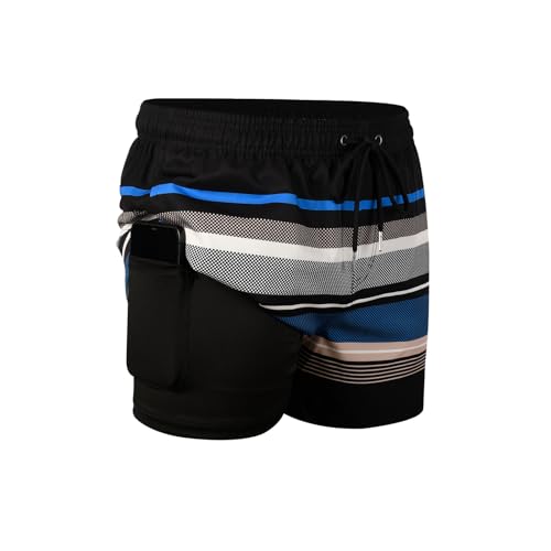 MADHERO Mens Swim Trunks with Compression Liner 2 in 1 Quick Dry Swimming Shorts Swimwear Striped Size L - Image 1