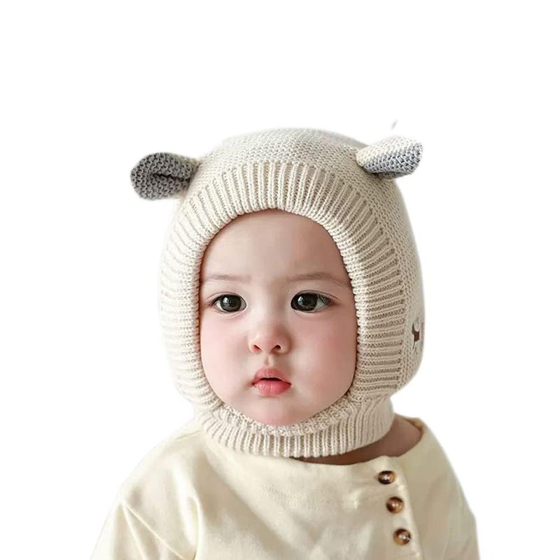 Scarf Woolen Earflap Hood Warm Skull Knit CapsCrochet Earflap Pilot Hats Beanie Cap for Toddlers Baby Girls and Boys HatBeige