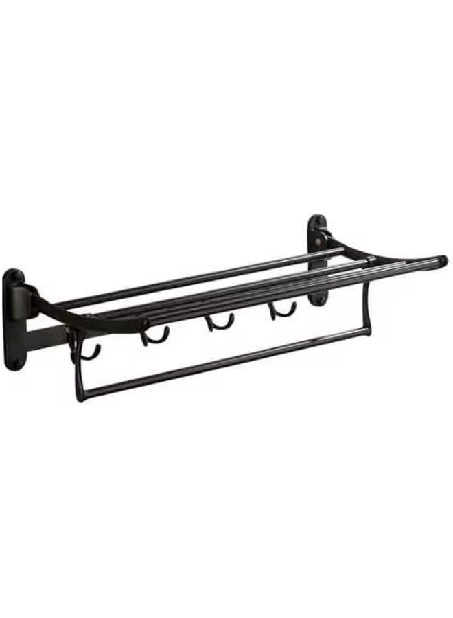 Folding metal bathroom shelf, black color, with hooks and towel bar, wall-mounted