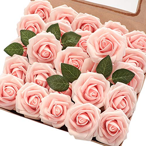 Floroom Artificial Flowers 25pcs Real Looking Blush Heirloom Foam Fake Roses with Stems for DIY Wedding Bouquets Pink Bridal Shower Centerpieces Floral Arrangements Party Tables Home Decorations - Image 1