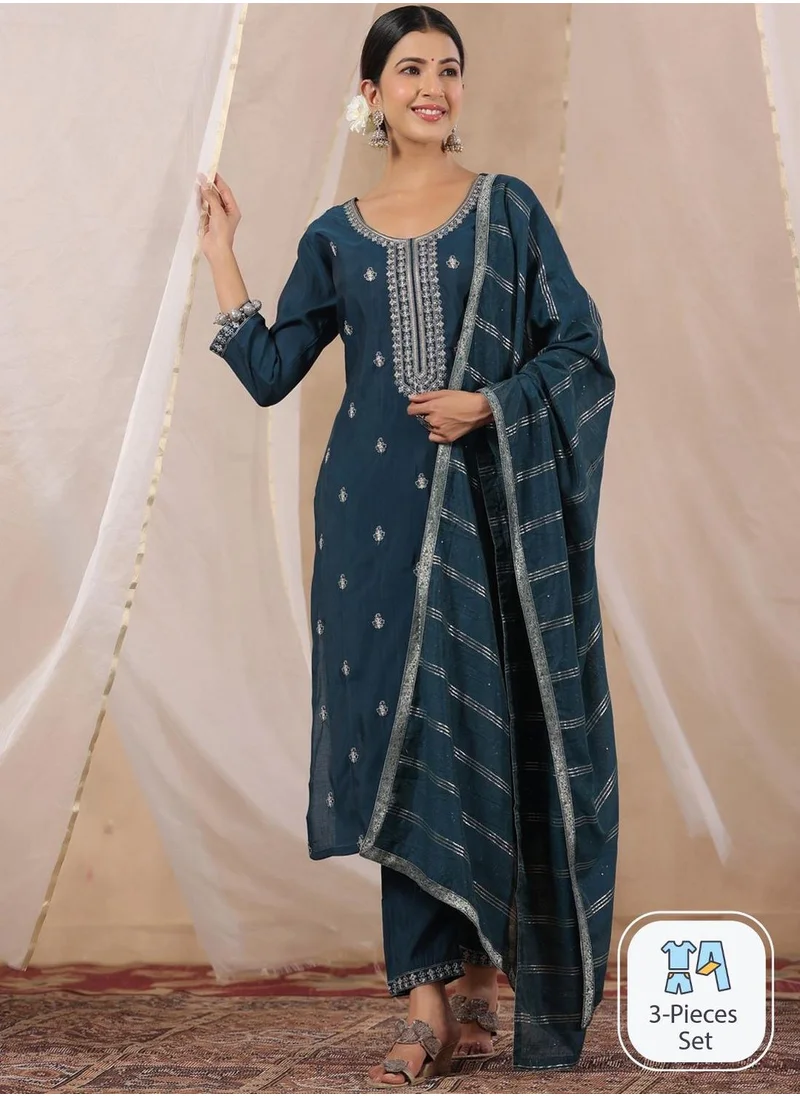 آي شين Regular Fit Three-Quarter Sleeve Printed Navy Blue Silk Woven Kurta Set For Women Flat Collar Perfect For Wedding And Engagement Pull On Closure