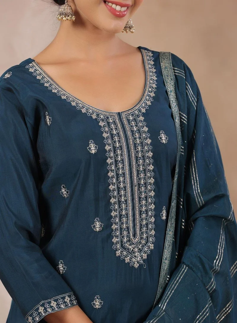 ISHIN Women's Navy Blue Silk Printed Tunic Full Length Palazzo Regular Fit Kurta Set
